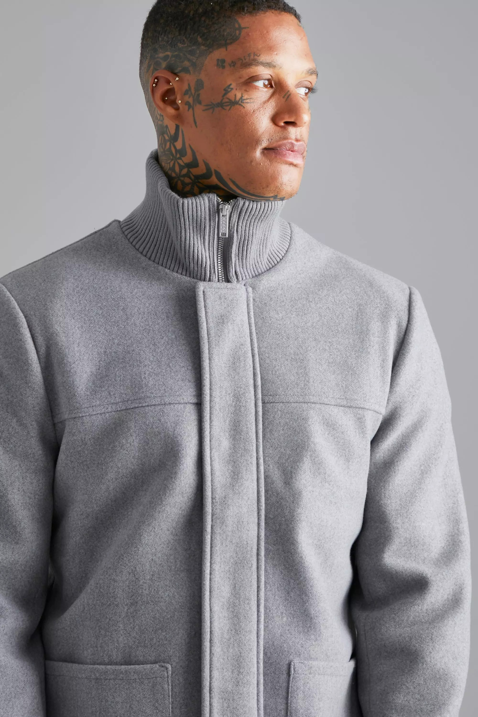 Wool Look Funnel Neck Jacket boohooMAN